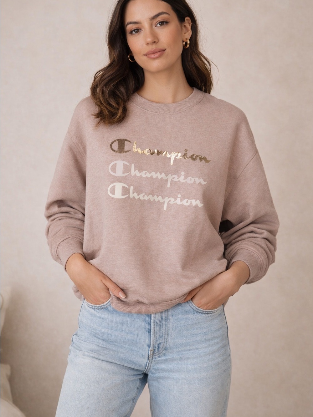 Champion Triple Logo Crewneck Sweatshirt in Mauve Beige